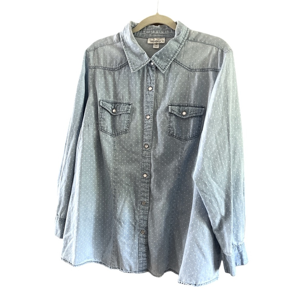 DressBarn Women’s lightweight denim button down blouse with white polka …